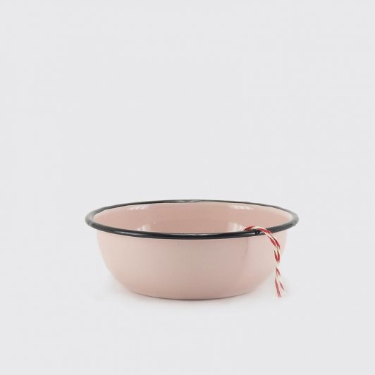 pink metal bowl with black edge