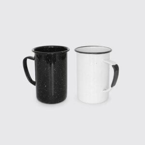high cups in white dotted and black dotted with black handles and linings