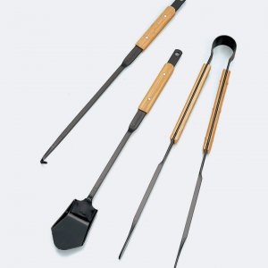 Snow peak fire tool set, 3 tools in metal with wooden handles