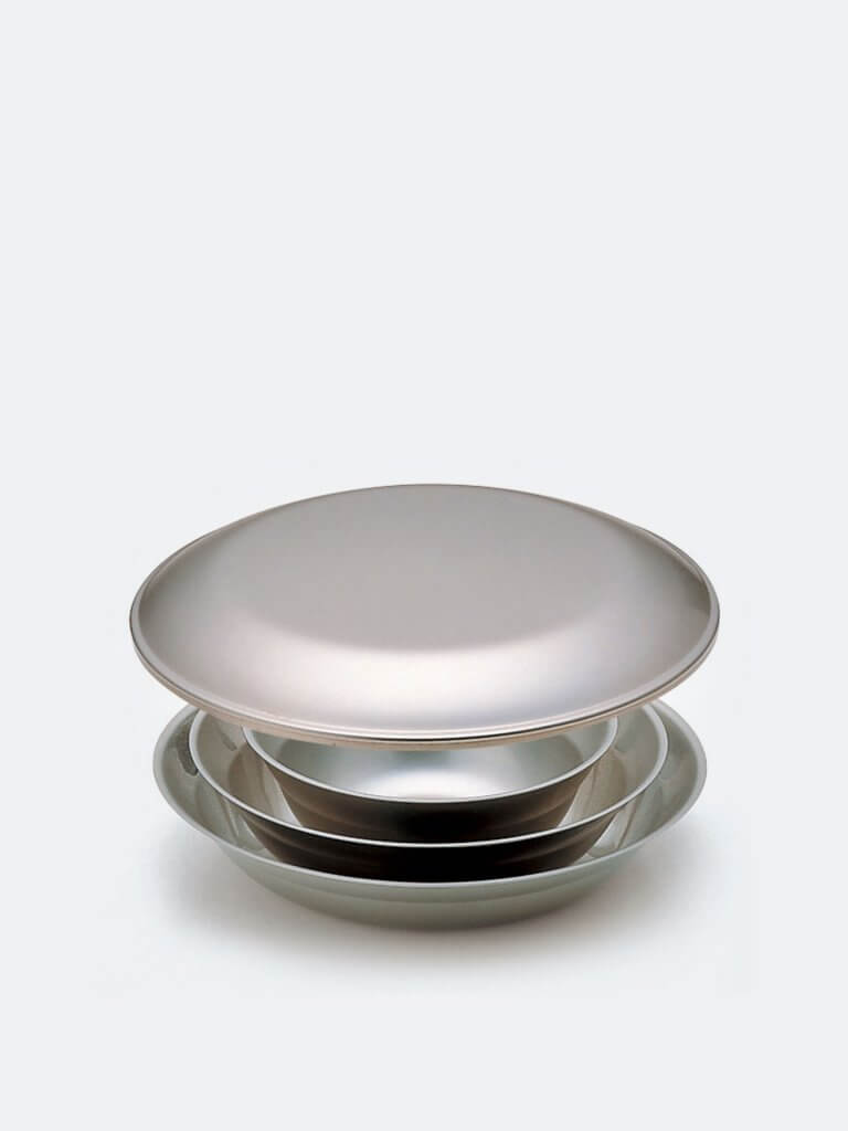 snow peak titanium tableware set with plates and bowls