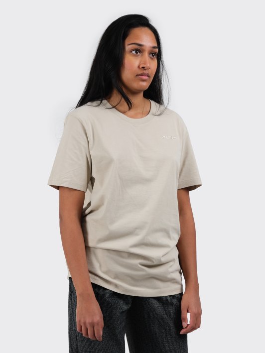 model wearing skewed twotone tshirt